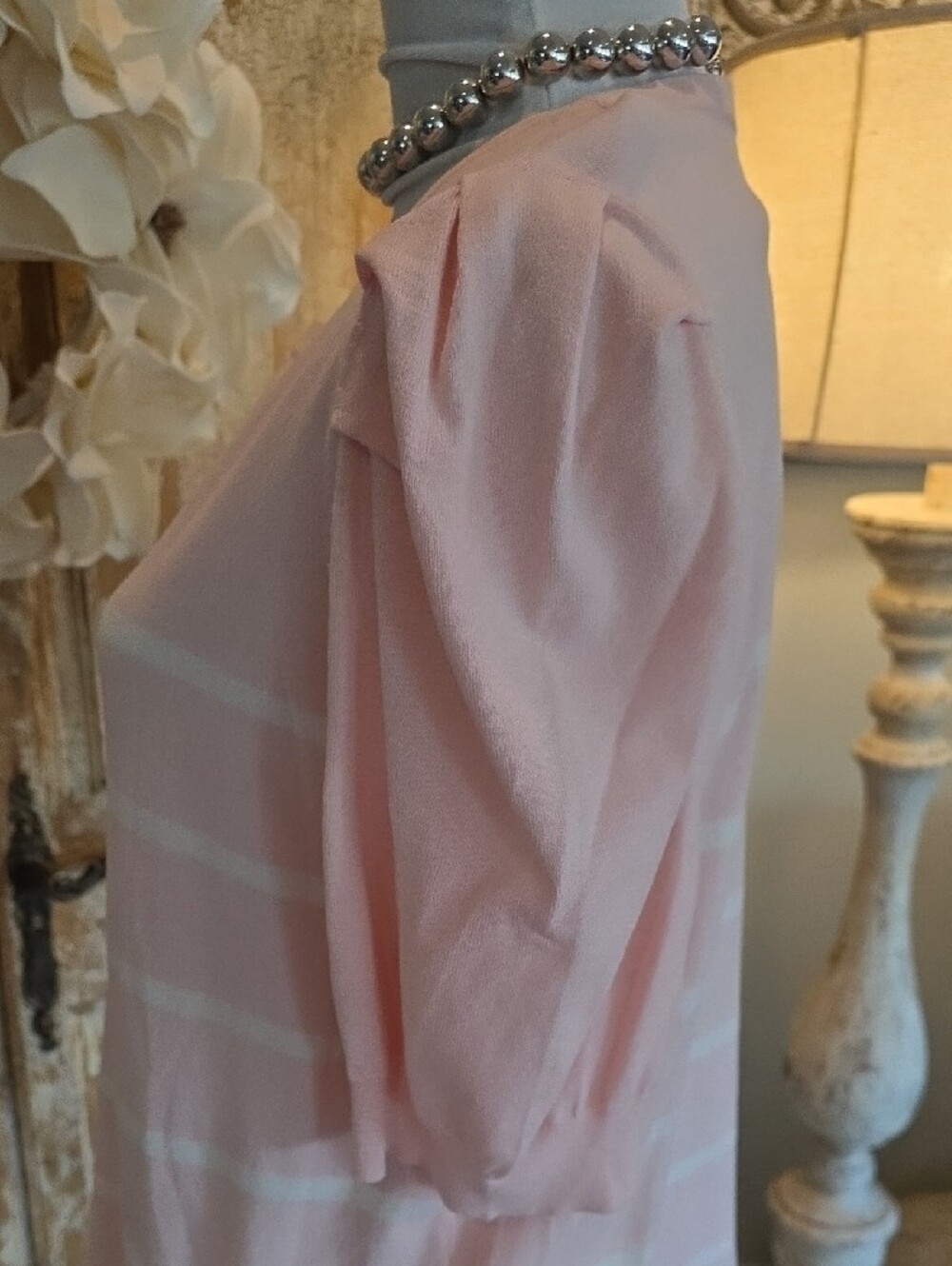 Anne Klein Pink and White Striped Short Sleeve Puff Top - Picture 9 of 10